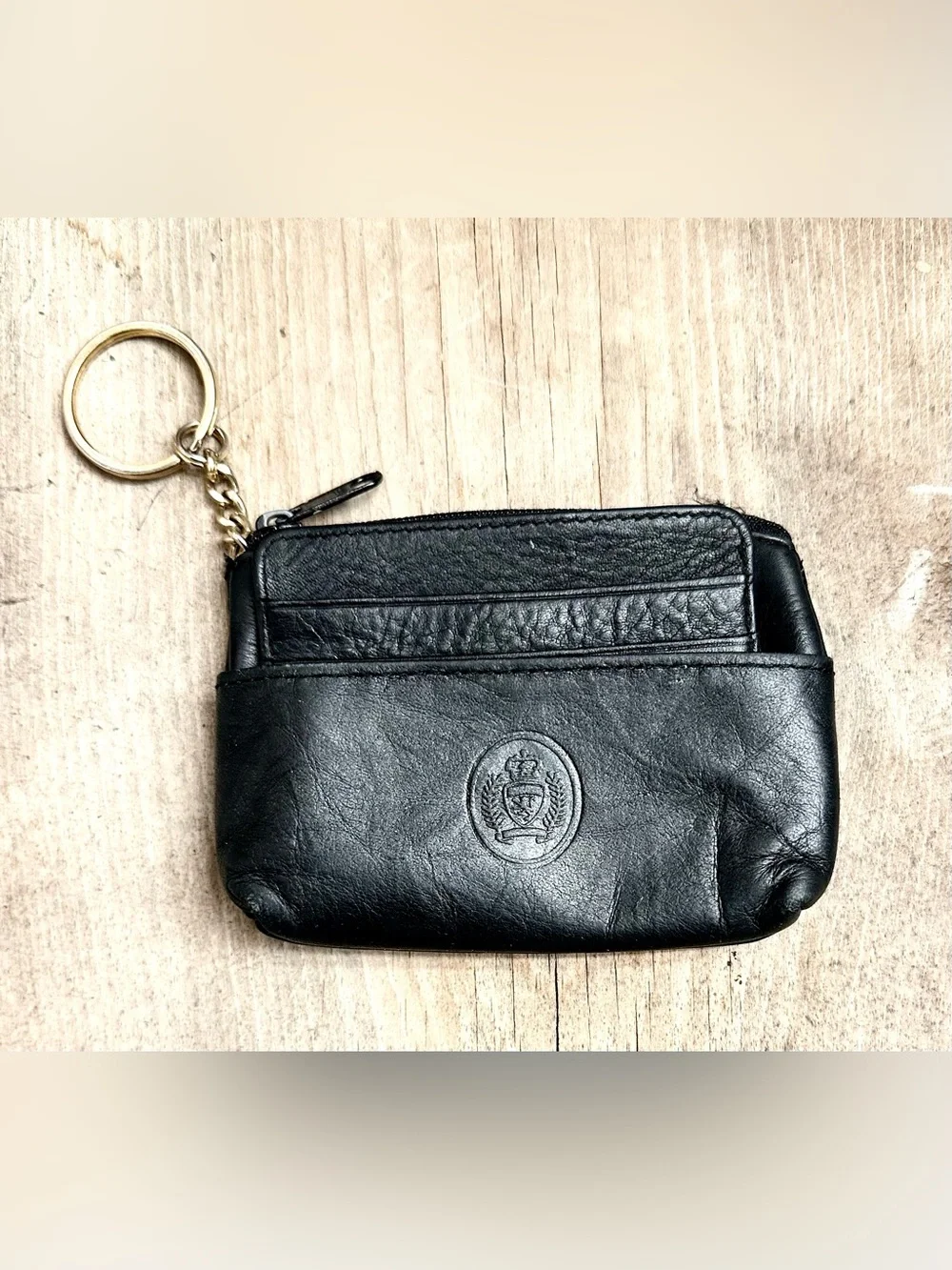 Black Leather Key Wallet Coin Pouch with Gold Keyring